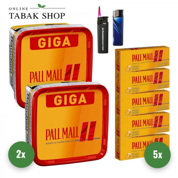 Pall Mall Volumentabak (2 x 263g) + 1.000 Hülsen (wählbar) + 1 Sturmfeuerzeug + 1 Feuerzeug