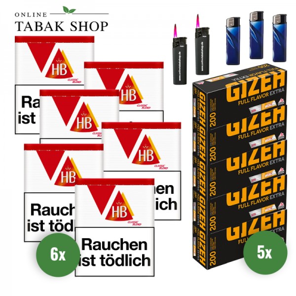 HB Classic Blend Feinschnitt (6 x 63g) + 1.000 Gizeh Full Flavor Extra Hülsen + 3 Feuerzeuge + 2 Sturmfeuerzeuge