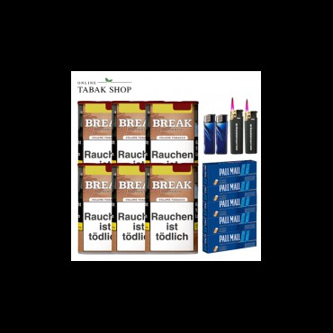 Break Authentic Volumentabak ohne Zusätze (6 x 57g) + 1.000 Pall Mall Blue Xtra Hülsen + 3 Feuerzeuge + 2 Sturmfeuerzeuge