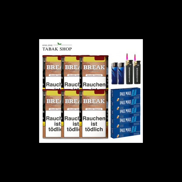 Break Authentic Volumentabak ohne Zusätze (6 x 57g) + 1.000 Pall Mall Blue Xtra Hülsen + 3 Feuerzeuge + 2 Sturmfeuerzeuge