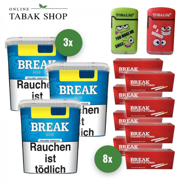 Break Blau Volumentabak (3 x 195g) + 1.600 Break Hülsen (Plus oder Normal) + 2 TobaliQ Happy Smile Motiv Feuerzeuge