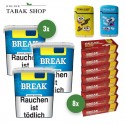 Break Blau Volumentabak (3 x 195g) + 1.600 Break Hülsen (Plus oder Normal) + 2 TobaliQ Happy Smile Motiv Feuerzeuge
