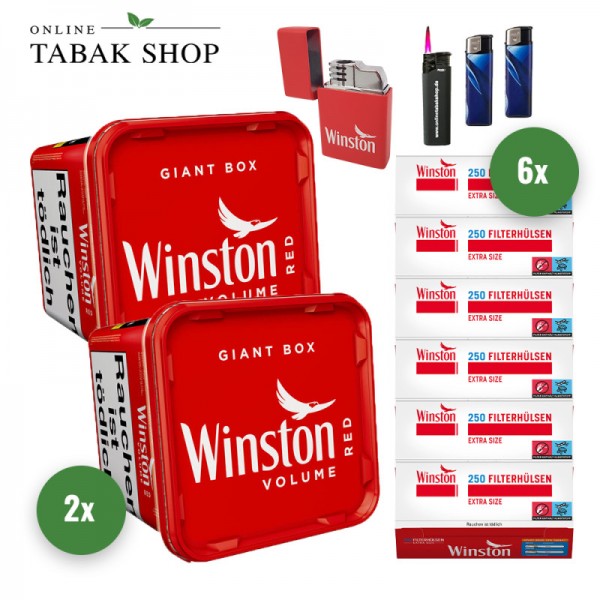 Winston Volumentabak Red (2 x 180g) + Winston Hülsen (wählbar) + 2 Feuerzeuge + 2 Sturmfeuerzeuge