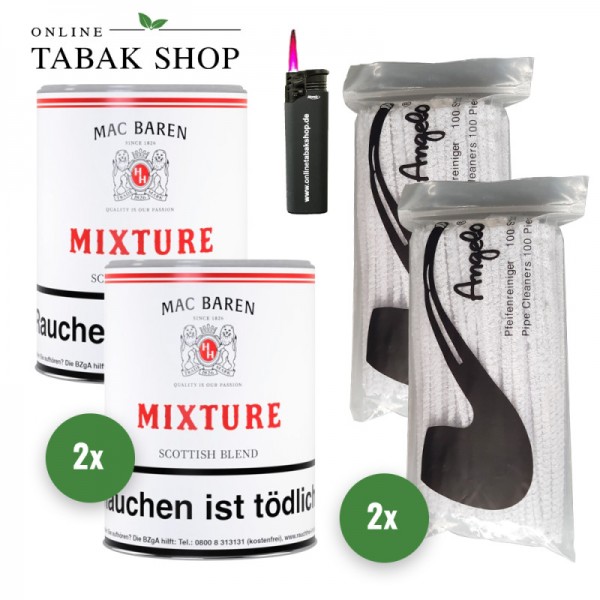 Mac Baren Mixture Scottish Blend (2x 250g) + 200 Pfeifenreiniger , 1 Sturmfeuerzeug