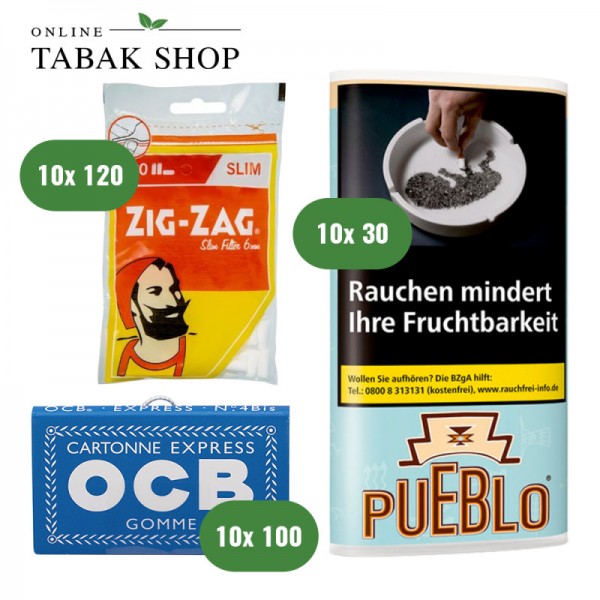 Pueblo Tabak (10x 30g), Sorte wählbar + OCB Blau Blättchen m. Gummizug (10x 100er) + Zig Zag Filter Tips (10x 120er) Beutel