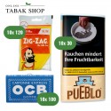 Pueblo Tabak (10x 30g), Sorte wählbar + OCB Blau Blättchen m. Gummizug (10x 100er) + Zig Zag Filter Tips (10x 120er) Beutel