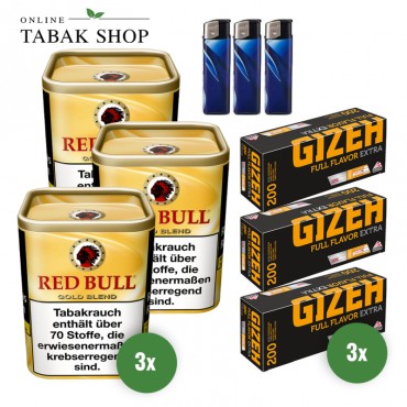 Red Bull Gold Tabak (3 x 120g) + 800 Gizeh Full Flavor Extra Hülsen + 3 Feuerzeuge