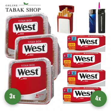 West Red Tabak Titan Box (3 x 280g) + 1.000 Hülsen + 1 Sturmfeuerzeug + 1 Feuerzeug + 1 Gizeh Etui