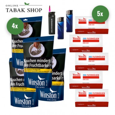 WINSTON Blue Volumentabak (4 x 105g) + 1.000 Winston Hülsen + 2 Feuerzeuge + 1 Sturmfeuerzeuge