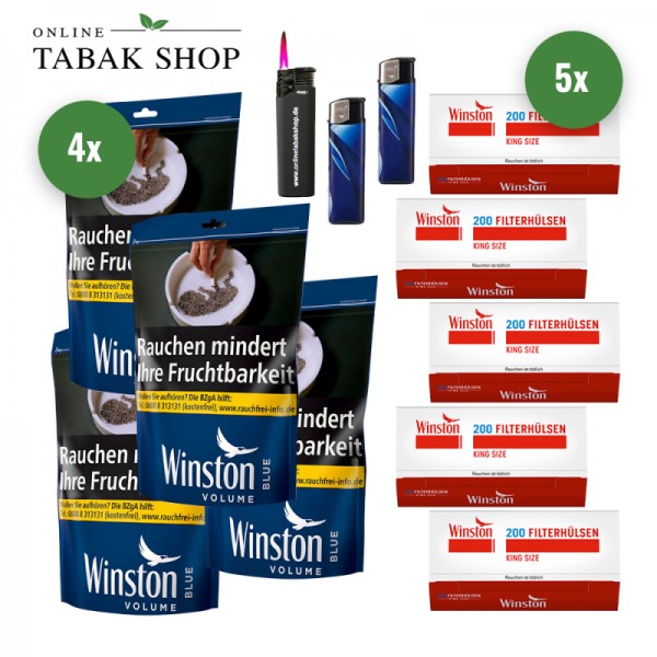 WINSTON Blue Volumentabak (4 x 105g) + 1.000 Winston Hülsen + 2 Feuerzeuge + 1 Sturmfeuerzeuge