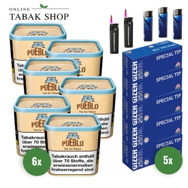 Pueblo Classic Fine Cut Tabak (6x 100g), 1.250 Gizeh Special Hülsen, 2x Sturmfeuerzeuge, 3x Feuerzeuge