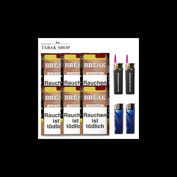 Break Authentic Volumentabak ohne Zusätze (6 x 57g) + 2 Feuerzeuge + 2 Sturmfeuerzeuge