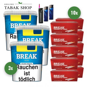 Break Blue Volumentabak (3 x 195g) + 2.000 Break Hülsen + 2 Feuerzeuge + 1 Sturmfeuerzeuge