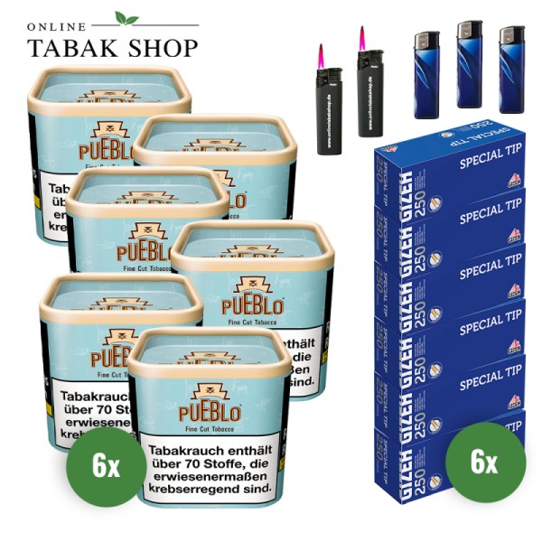 PUEBLO "Blue" Tabak (6 x 100g) + 1.500 GIZEH Special Tip Hülsen + 2 Sturmfeuerzeuge + 3 Feuerzeuge