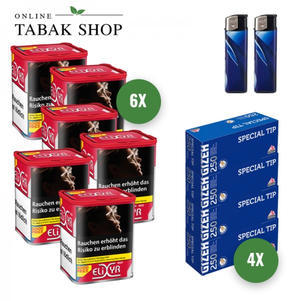 Elixyr Rot Tabak (6 x 102g) + 1.000 Gizeh Special Tip Hülsen + 2 Feuerzeuge