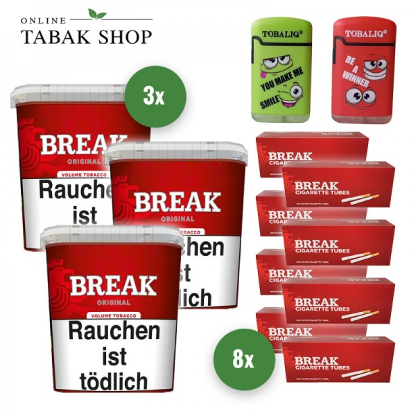 Break Original Tabak (3 x 195g) + 1.600 Break Hülsen (wählbar) + 2 TobaliQ Happy Smile Motiv Feuerzeuge