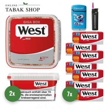 West Red Giga Volumentabak (2 x 170g) + West Red Hülsen (Special o. Normal)  + Sturmfeuerzeug + 1 TobaliQ Happy Smile Feuerzeug