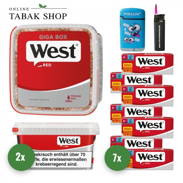 West Red Giga Volumentabak (2 x 170g) + West Red Hülsen (Special o. Normal)  + Sturmfeuerzeug + 1 TobaliQ Happy Smile Feuerzeug