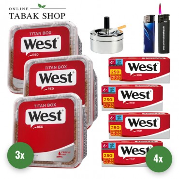West Red Tabak Titan Box (3 x 280g) + 1.000 Hülsen + 1 Sturmfeuerzeug + 1 Feuerzeug + 1 Drehascher Chrom 9cm