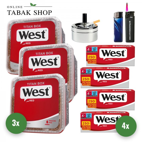 West Red Tabak Titan Box (3 x 280g) + 1.000 Hülsen + 1 Sturmfeuerzeug + 1 Feuerzeug + 1 Drehascher Chrom 9cm