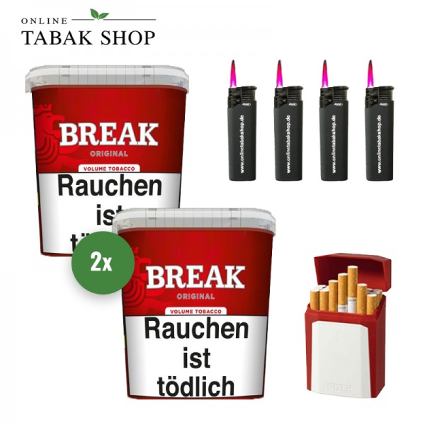 Break Original Volumentabak (2 x 195g) + 4 Sturmfeuerzeuge + Gizeh Flip Case (Etui)