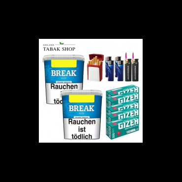 Break Blue Volumentabak (2 x 195g) + 1.000 Gizeh Menthol Extra Hülsen + 4 Feuerzeuge + 2 Sturmfeuerzeuge + Gizeh Etui
