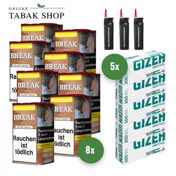 Break Authentic Volumentabak ohne Zusätze (8 x 57g) + 1.000 Gizeh Menthol Hülsen + 3 Sturmfeuerzeuge