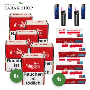 Winston Zigaretten Tabak Premium Red S (6 x 56g) + 1.000 Winston Extra Hülsen + 3 Feuerzeuge + 2 Sturmfeuerzeuge