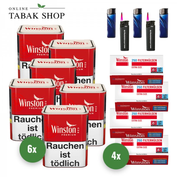 Winston Zigaretten Tabak Premium Red S (6 x 56g) + 1.000 Winston Extra Hülsen + 3 Feuerzeuge + 2 Sturmfeuerzeuge