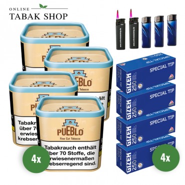 Pueblo Classic Fine Cut Tabak (4x 100g), 1000 Gizeh Special Hülsen, 2x Sturmfeuerzeuge, 3x Feuerzeuge