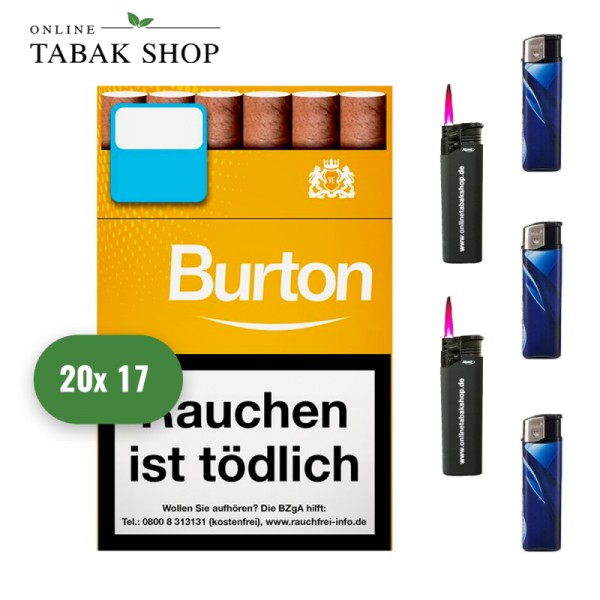 Burton Gold (Vanille) Filterzigarillos (20 x 17er) + 3 Feuerzeuge + 2 Sturmfeuerzeuge