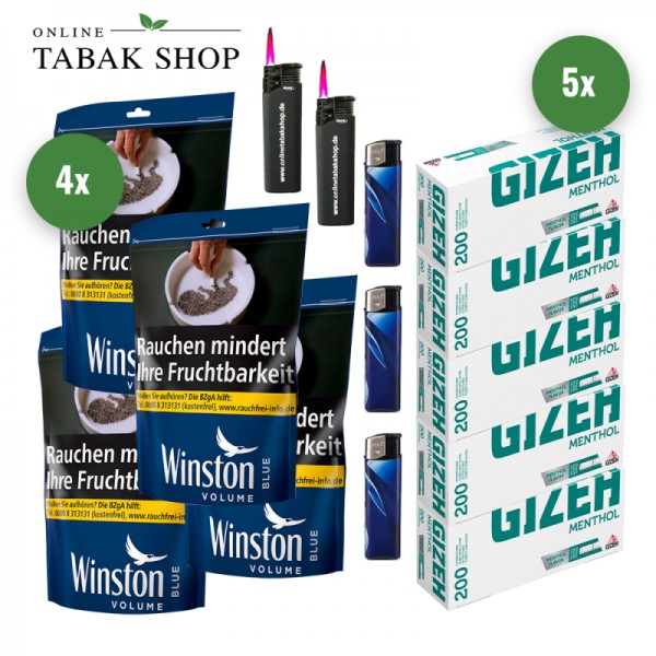 WINSTON Blue Volumentabak (4 x 105g) + 1.000 GIZEH Menthol Hülsen + 3 Feuerzeuge + 2 Sturmfeuerzeuge