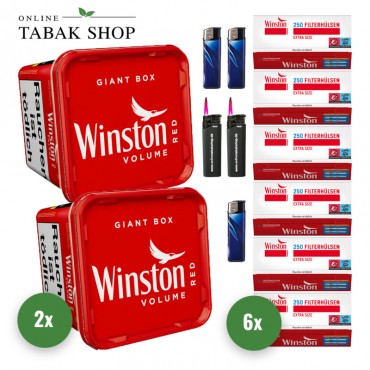 Winston Red Volumen Tabak (2 x 180g) + 1.500 Winston Extra Hülsen + 3 Feuerzeuge + 2 Sturmfeuerzeuge
