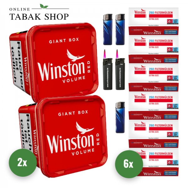 Winston Red Volumen Tabak (2 x 180g) + 1.500 Winston Extra Hülsen + 3 Feuerzeuge + 2 Sturmfeuerzeuge