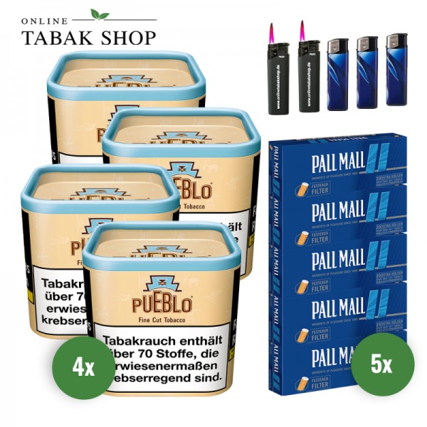 Pueblo Classic Fine Cut Tabak (4x 100g) + 1.000 Pall Mall Blue Xtra Hülsen + 2 x Sturmfeuerzeuge + 3 x Feuerzeuge