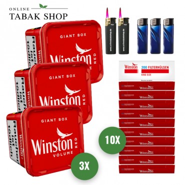 Winston Red Volumen Tabak (3 x 180g) + 2.000 Winston Hülsen + 3 Feuerzeuge + 2 Sturmfeuerzeuge