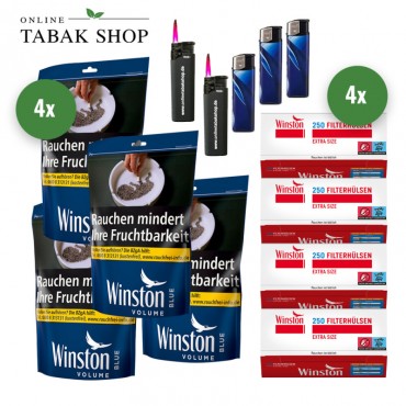 WINSTON Blue Volumentabak (4 x 105g) + 1.000 Winston EXTRA Hülsen + 3 Feuerzeuge + 2 Sturmfeuerzeuge