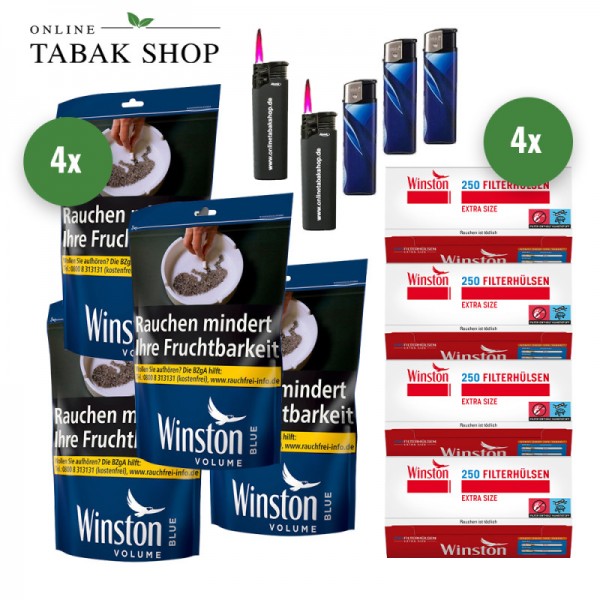 WINSTON Blue Volumentabak (4 x 105g) + 1.000 Winston EXTRA Hülsen + 3 Feuerzeuge + 2 Sturmfeuerzeuge