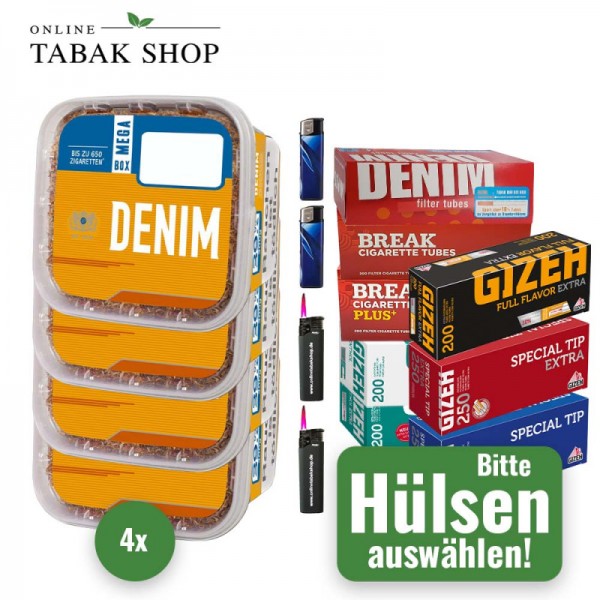 Denim Tabak (4 x 220g) Eimer + 2.000 Hülsen (wählbar) + 2 Sturmfeuerzeuge + 2 Feuerzeuge