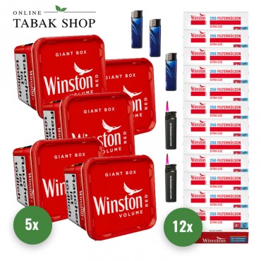 Winston Red Volumen Tabak (5 x 180g) + 3.000 Winston Extra Hülsen + 3 Feuerzeuge + 2 Sturmfeuerzeuge