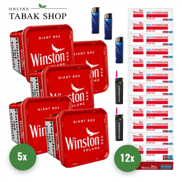 Winston Red Volumen Tabak (5 x 180g) + 3.000 Winston Extra Hülsen + 3 Feuerzeuge + 2 Sturmfeuerzeuge