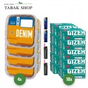 Denim Tabak (4 x 220g) Eimer + 2.000 Hülsen (wählbar) + 2 Sturmfeuerzeuge + 2 Feuerzeuge
