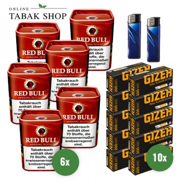 Red Bull Special Blend Feinschnitt-Tabak (6 x 120g) + 2.000 Gizeh Full Flavor Extra Hülsen + 2 Feuerzeuge
