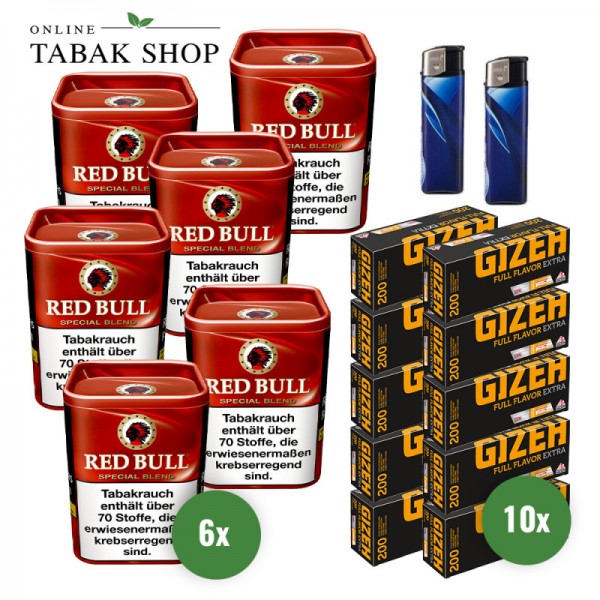 Red Bull Special Blend Feinschnitt-Tabak (6 x 120g) + 2.000 Gizeh Full Flavor Extra Hülsen + 2 Feuerzeuge