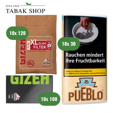 Pueblo Classic Tabak (10 x 30g) + GIZEH Black Fine Blättchen (10 x 100er) + GIZEH Pure XL Filter 6mm (10 x 120er)