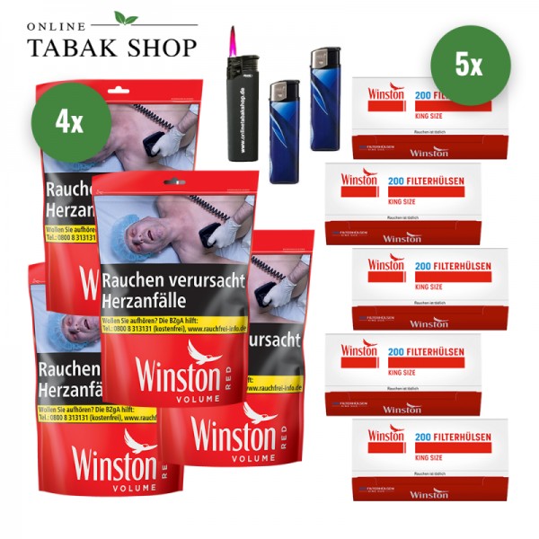 Winston Tabak Red XXL (4 x 105g) + 1.000 Winston Hülsen +  2 Feuerzeuge + 1 Sturmfeuerzeug