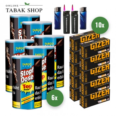 Fargo Stopf-Dose Blau (6 x 122g) + 2.000 Gizeh Full Flavor Extra Hülsen + 2 Feuerzeuge + 2 Sturmfeuerzeuge