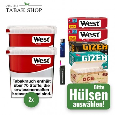 West Red Tabak (2 x 170g) Eimer + 1.000 Hülsen (wählbar) + 1 Sturmfeuerzeug + 1 Feuerzeug