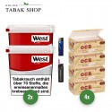 West Red Tabak (2 x 170g) Eimer + 1.000 Hülsen (wählbar) + 1 Sturmfeuerzeug + 1 Feuerzeug