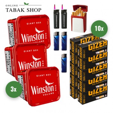 Winston Red Tabak (3 x 180g) + 2.000 Gizeh Full Flavor Extra Hülsen + 3 Feuerzeuge + 2 Sturmfeuerzeuge + 1 Gizeh Etui